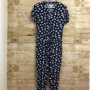 Navy Blue Floral Wrap Jumpsuit